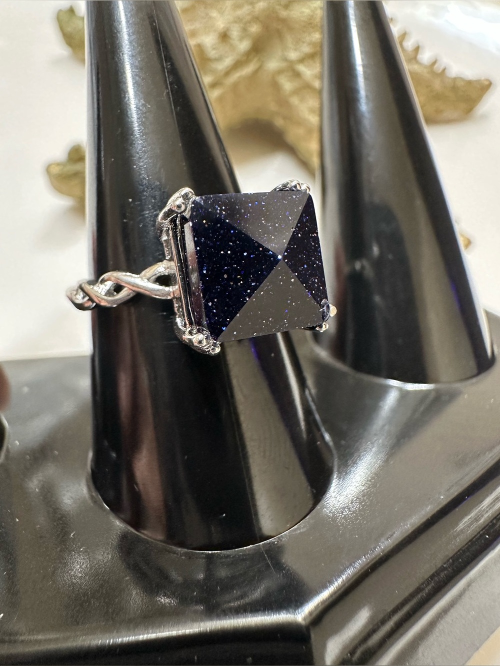 Blue Sandstone pyramid Ring - silver tone